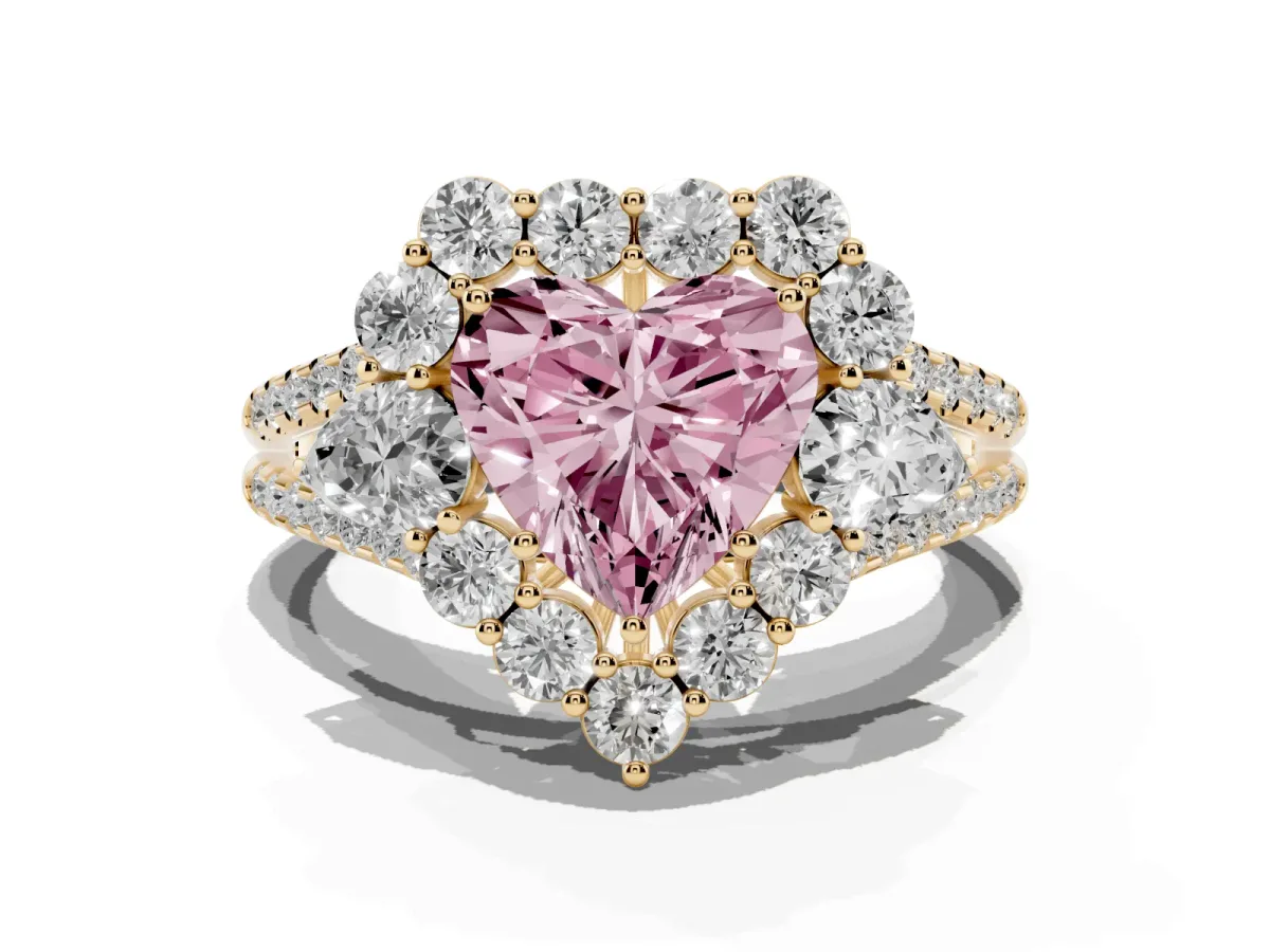 Fancy Pink Heart Cut Halo Split Shank Diamond Engagement Ring with Prong Setting Yellow gold