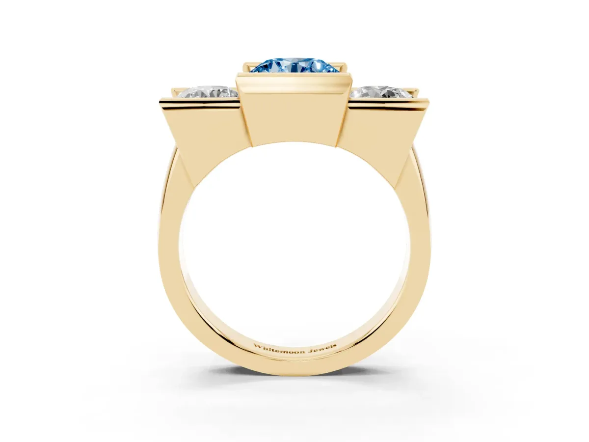 Fancy Blue Three Stone Round Cut Cut Channel Set Diamond Ring Yellow gold