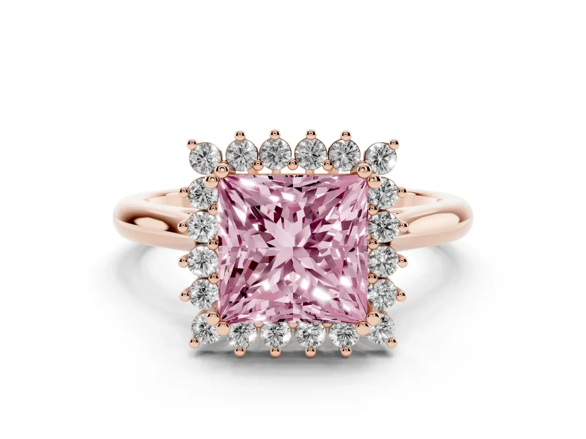 Fancy Pink Princess Cut Cut Diamond Halo Ring with Solitaire Band and Prong Setting Rose gold