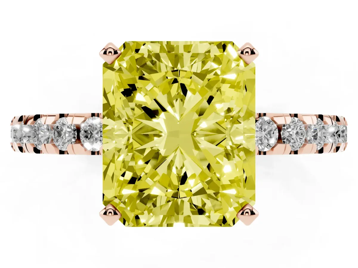 Fancy Yellow Radiant Cut Diamond Solitaire Ring with Round Pavé Band and Four-Prong Setting Rose gold