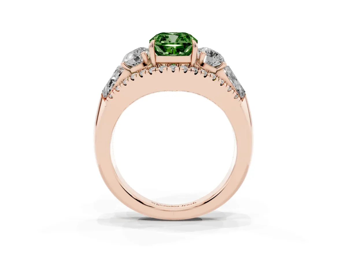 Fancy Green Three-Stone Cushion Cut Diamond Engagement Ring with Pave Band and Prong Setting Rose gold