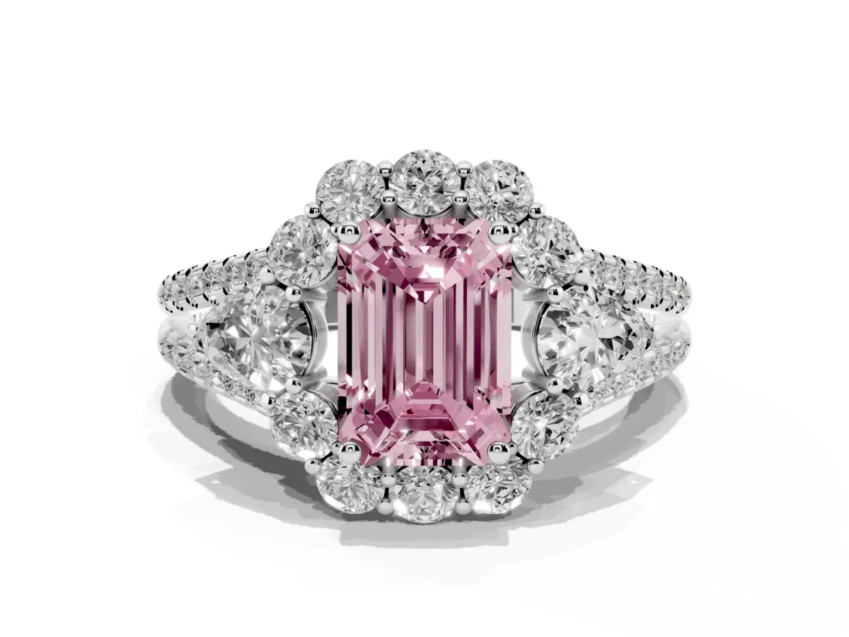 Fancy Pink Emerald Cut Halo Split Shank Diamond Engagement Ring with Prong Setting White gold