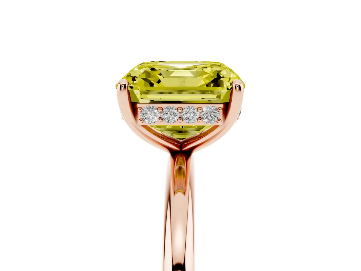Fancy Yellow Asscher Cut Solitaire Diamond Ring with a Classic Band and Four-Prong Setting Rose gold