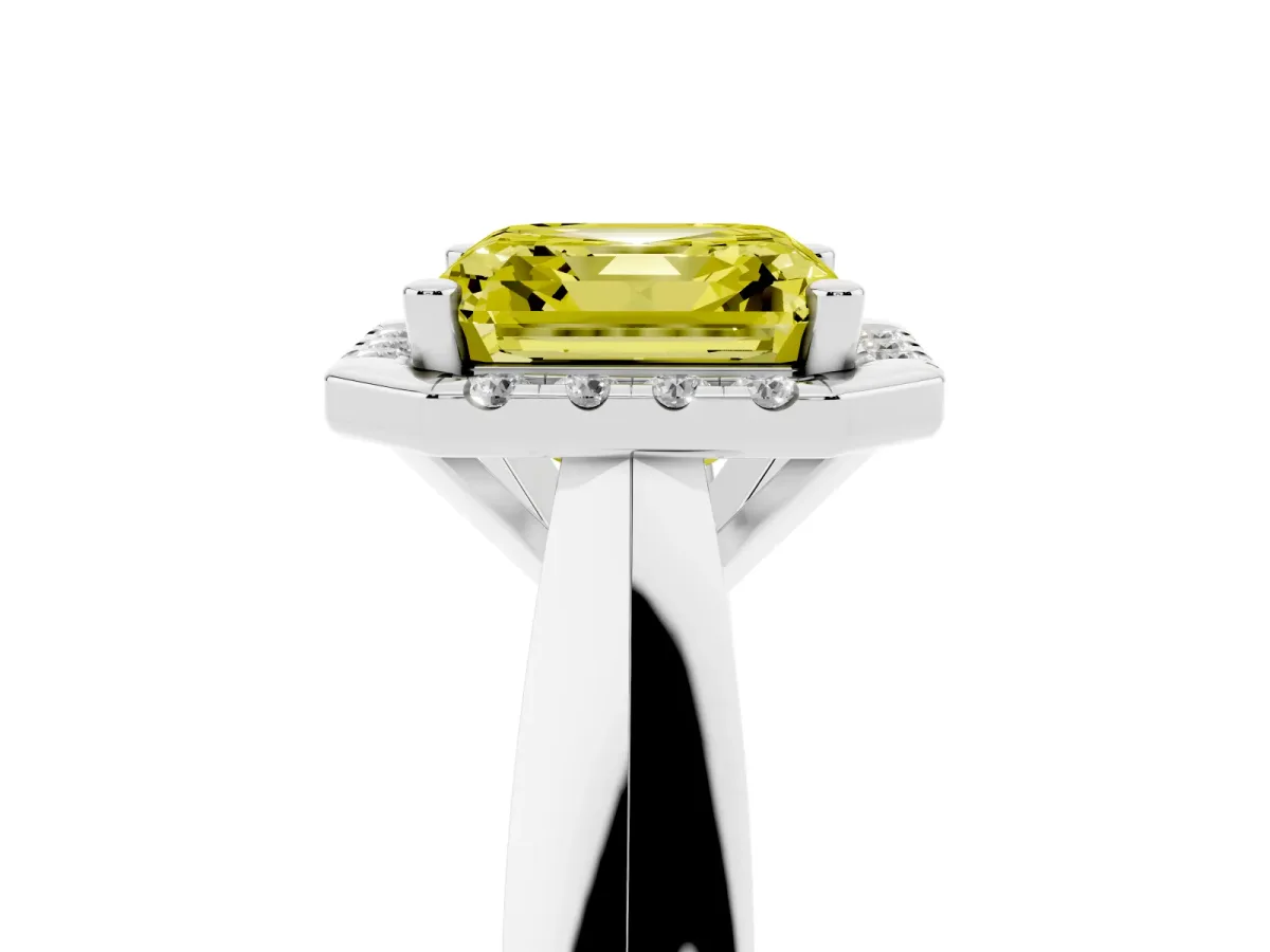 Fancy Yellow Asscher Cut Cut Halo Solitaire Engagement Ring with Square Band and Four-Prong Setting Platinum