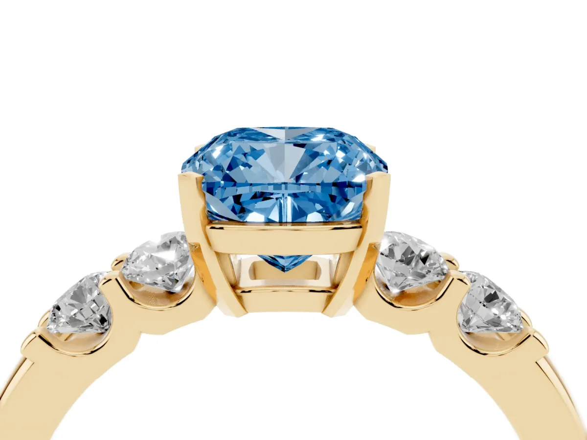 Fancy Blue Cushion Cut Brilliant Cut Diamond Five-Stone Prong Set Engagement Ring with Channel Band Yellow gold