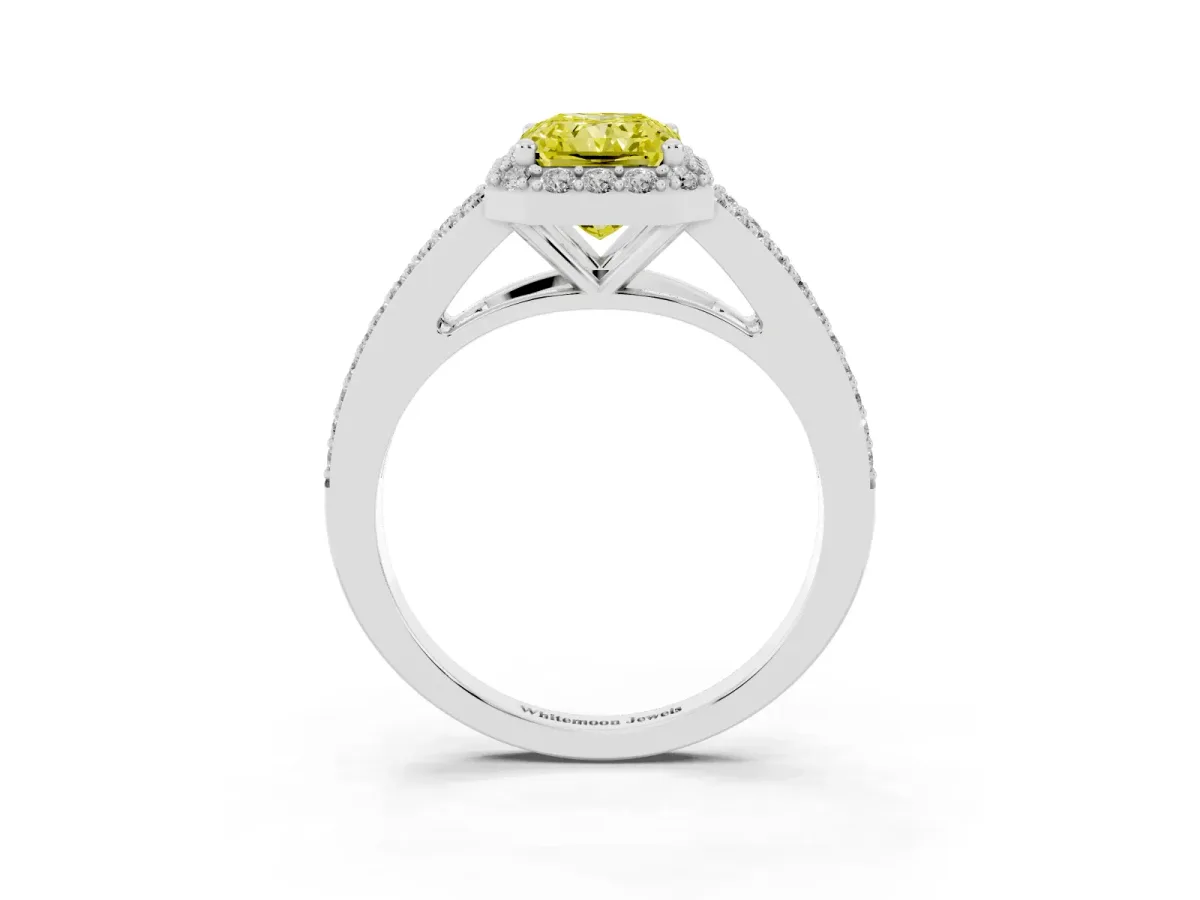 Fancy Yellow Radiant Cut Halo Split Shank Pave Diamond Ring with Four-Prong Setting Platinum