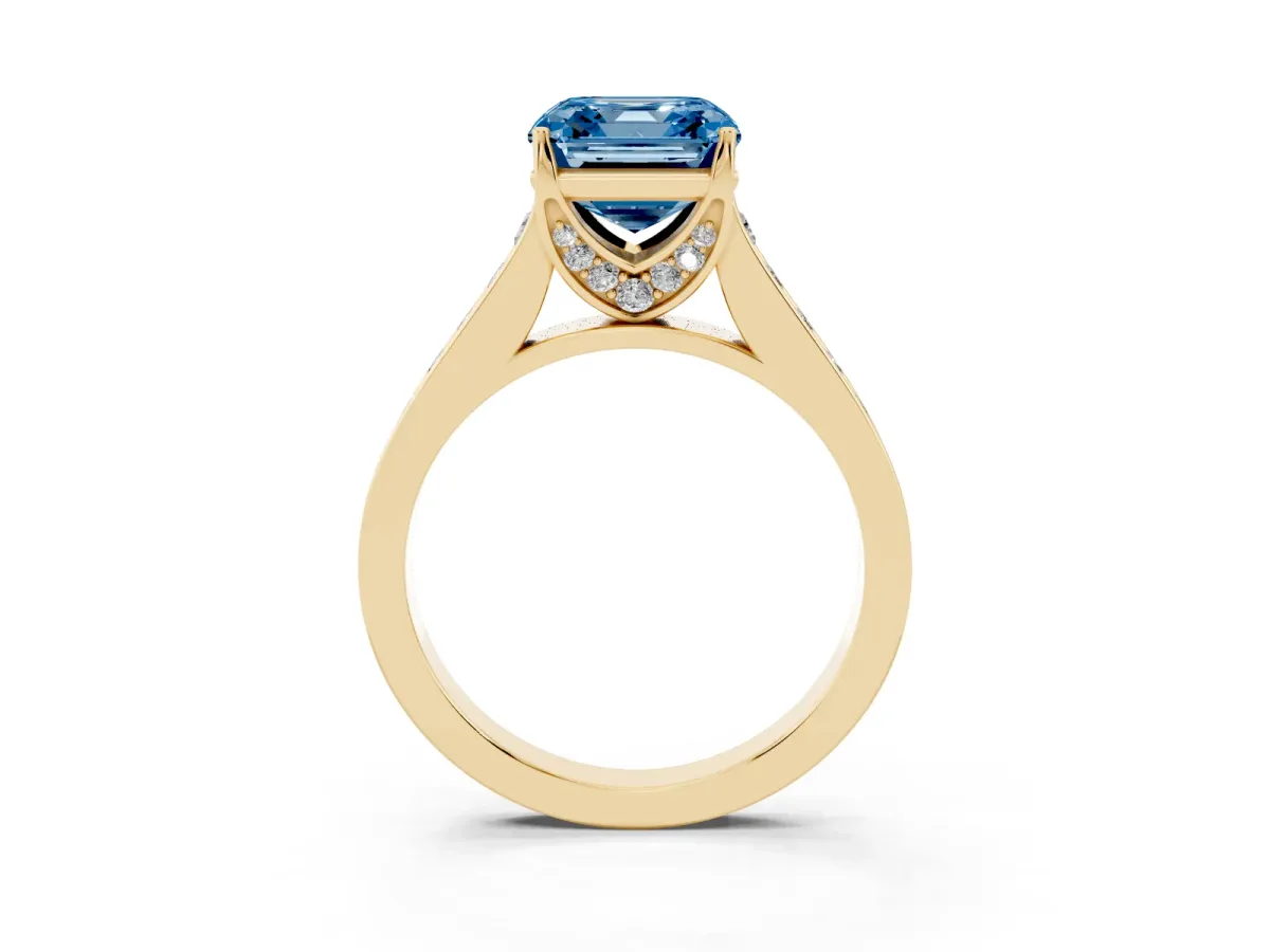 Fancy Blue Asscher Cut Brilliant Cut Diamond Engagement Ring with Pavé Band and Four-Prong Setting Yellow gold