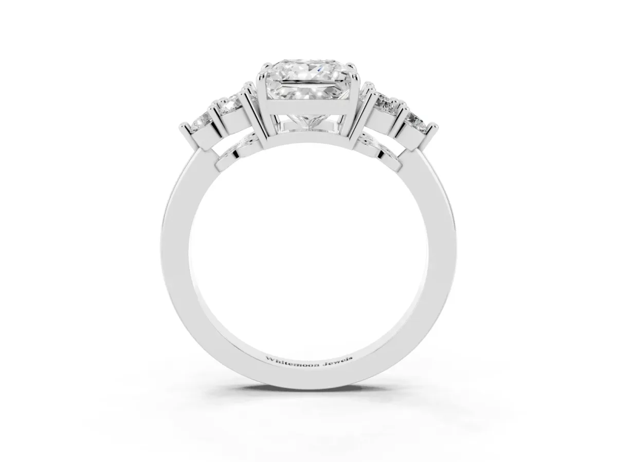 Princess Cut Brilliant Diamond Cluster Accent Solitaire Ring with Prong Setting Silver