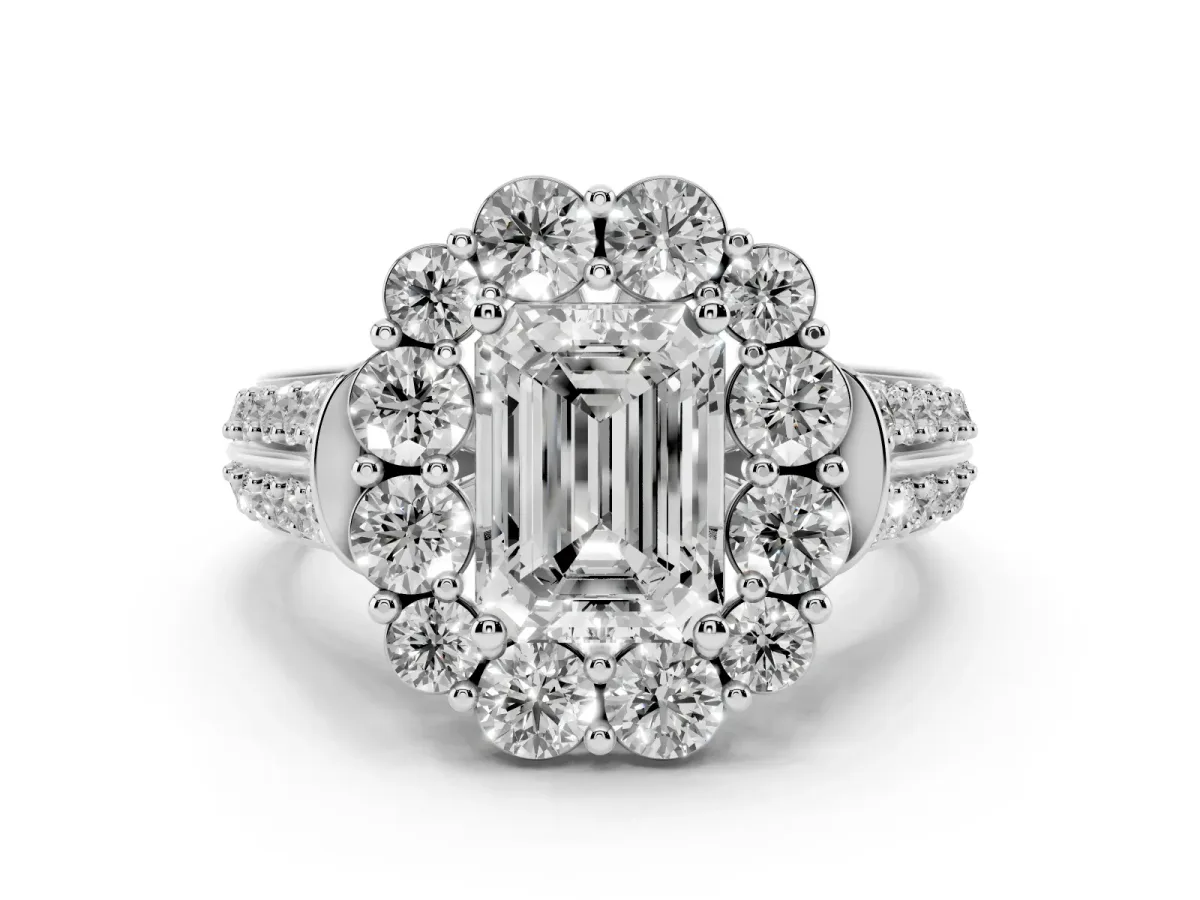 Emerald Cut Halo Diamond Engagement Ring with Split Shank and Prong Setting Silver