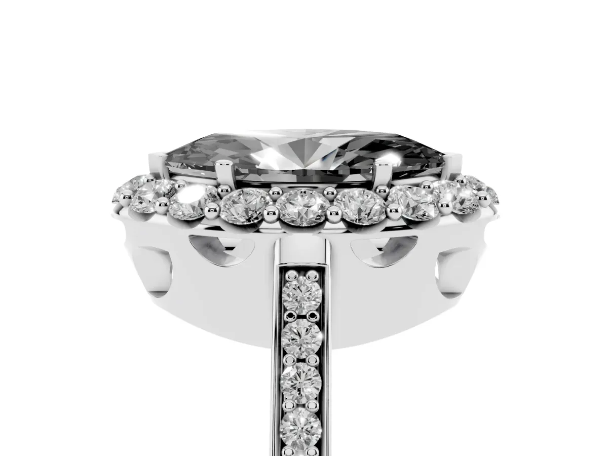 Fancy Black Marquise Cut Diamond Floral Halo Ring with Pavé Band and Prong Setting Silver