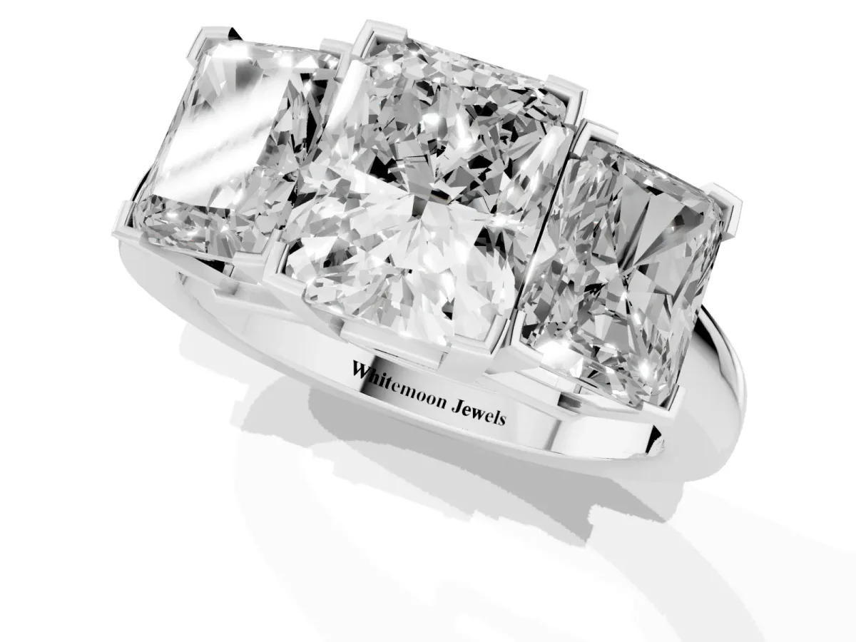 Three-Stone Radiant Cut Cut Diamond Ring with Channel Set Band and Four-Prong Setting Silver
