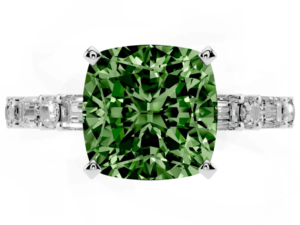 Fancy Green Cushion Cut Diamond Solitaire with Side Baguettes and Channel Set Band Silver