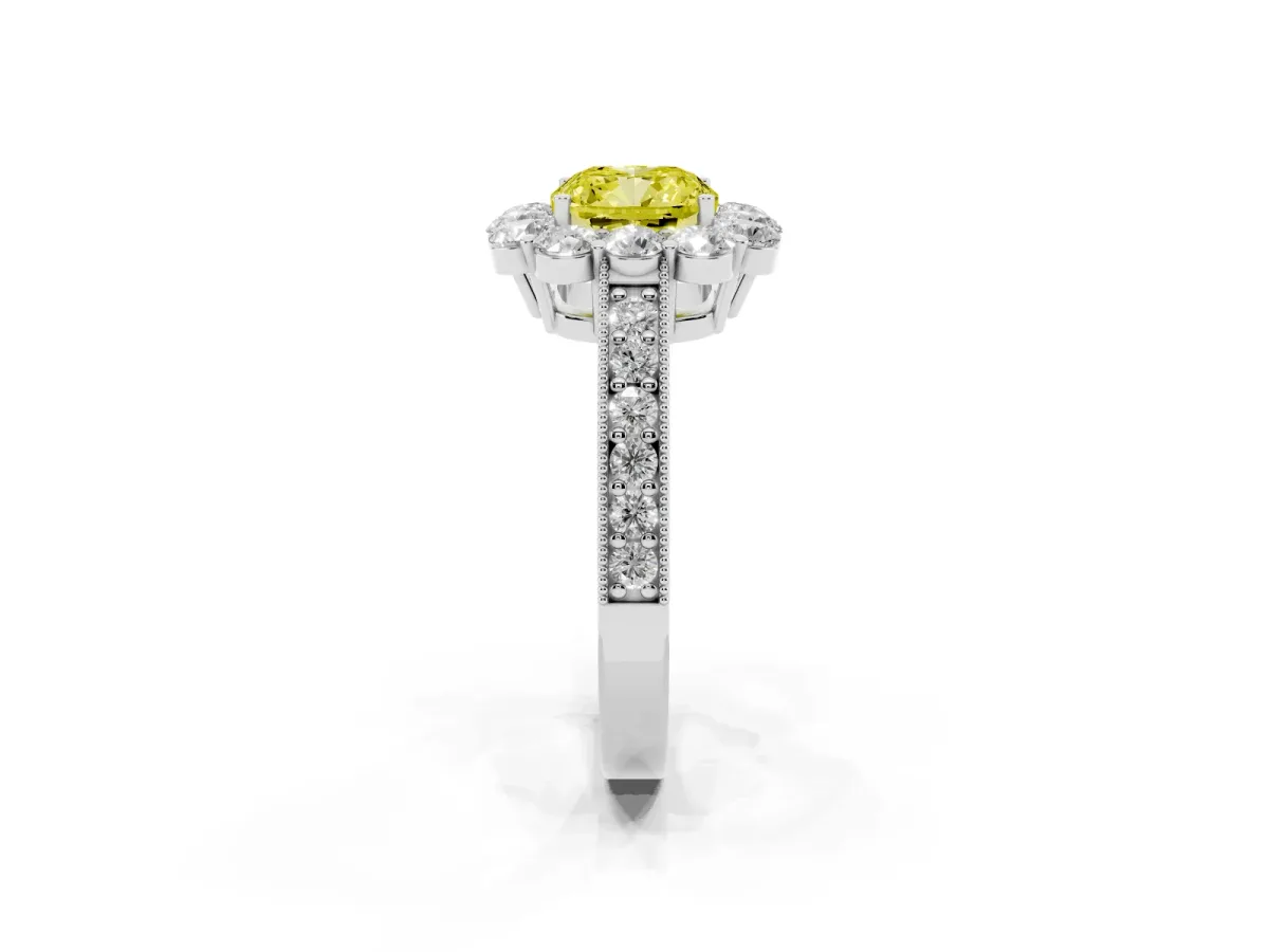 Fancy Yellow Cushion Cut Cut Halo Diamond Pavé Engagement Ring with Milgrain Detailing White gold
