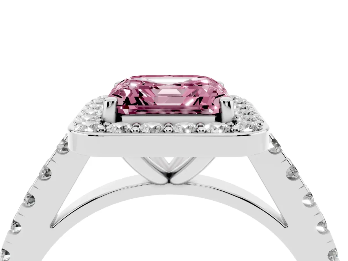 Fancy Pink Asscher Cut Diamond Halo Ring with Round Pavé Split Shank and Prong Setting Silver