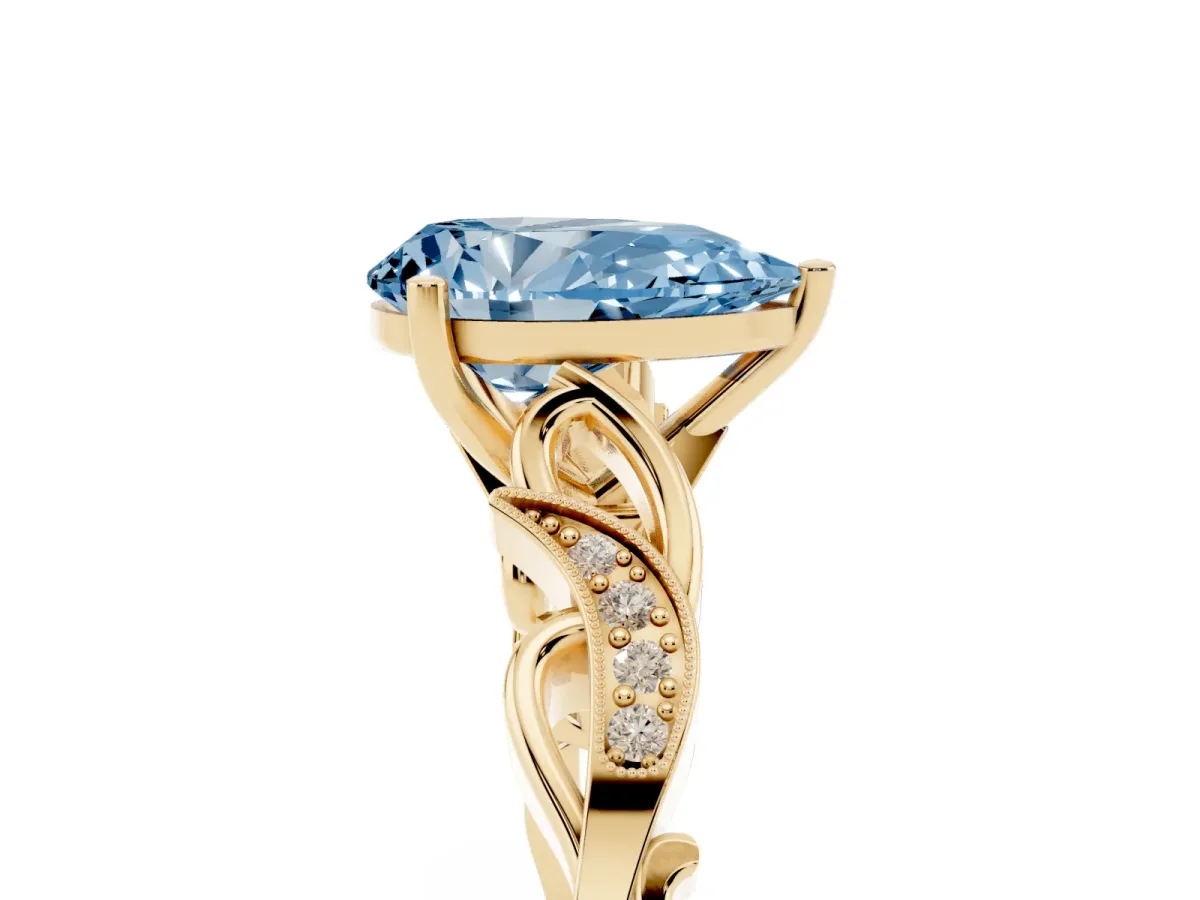 Fancy Blue Pear Cut Solitaire Vine Band with Milgrain Prong Setting Yellow gold