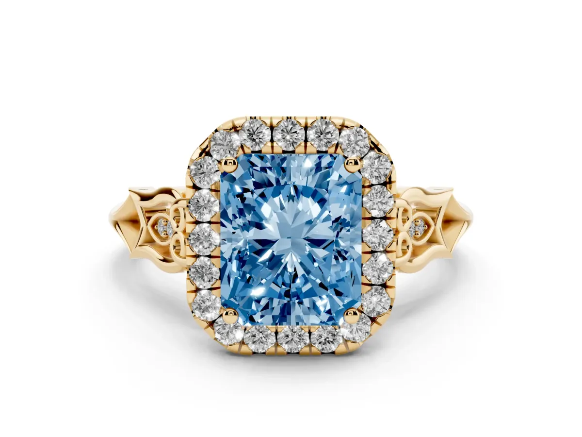 Fancy Blue Radiant Cut Halo Diamond Engagement Ring with Filigree Band and Four-Prong Setting Yellow gold