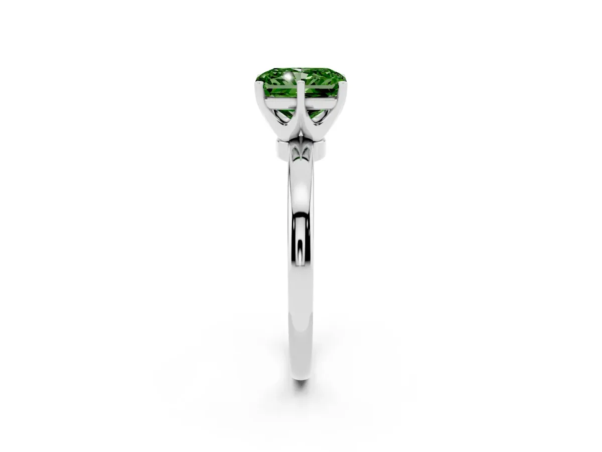Fancy Green Radiant Cut Solitaire Diamond Ring with Six-Prong Setting on a Classic Band Silver