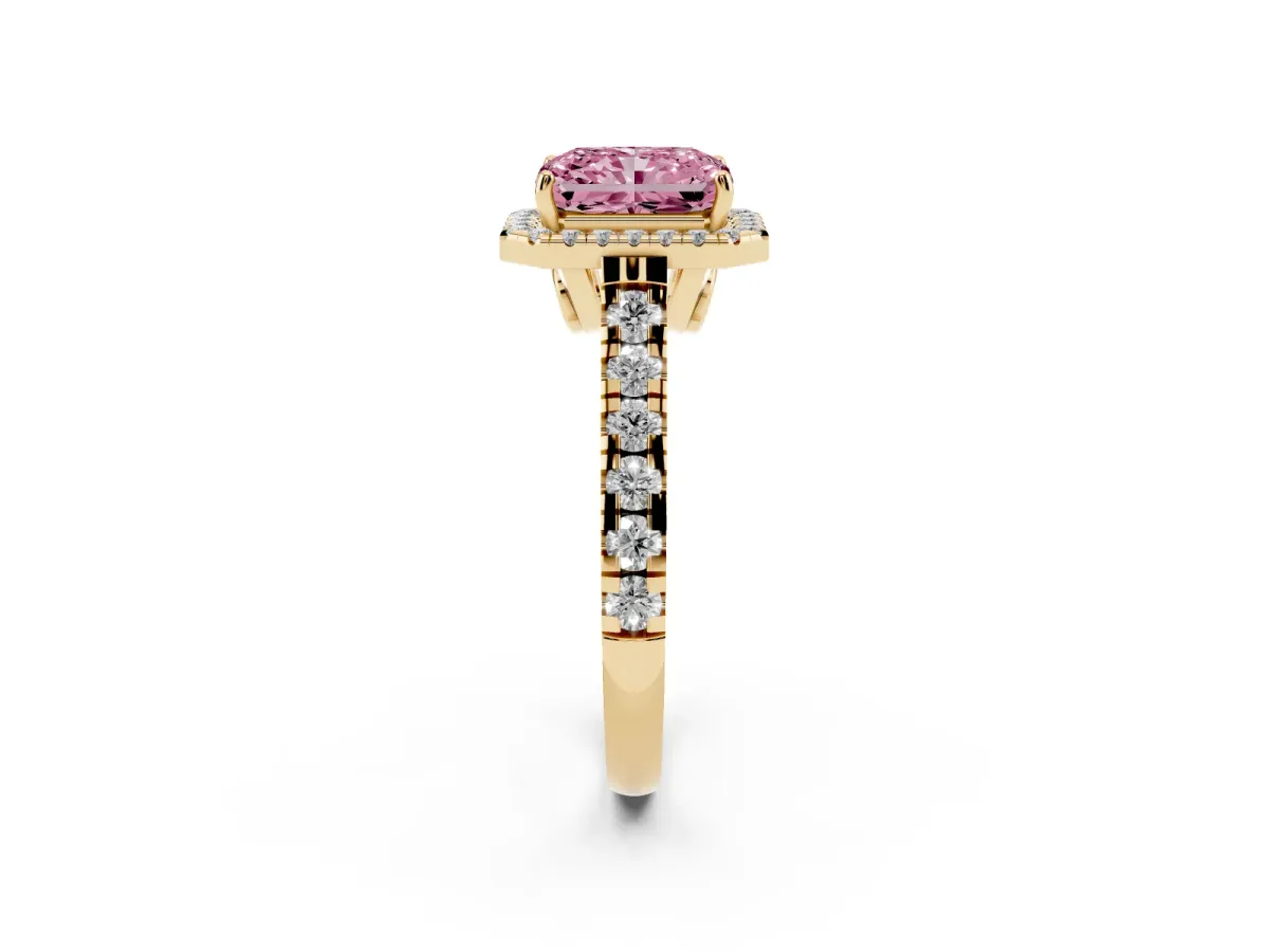 Fancy Pink Radiant Cut Halo Pavé Diamond Engagement Ring with Four-Prong Setting Yellow gold