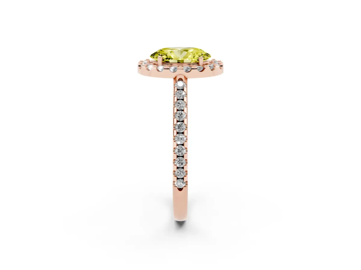 Fancy Yellow Oval Cut Diamond Pavé Halo Ring with Four-Prong Setting Rose gold