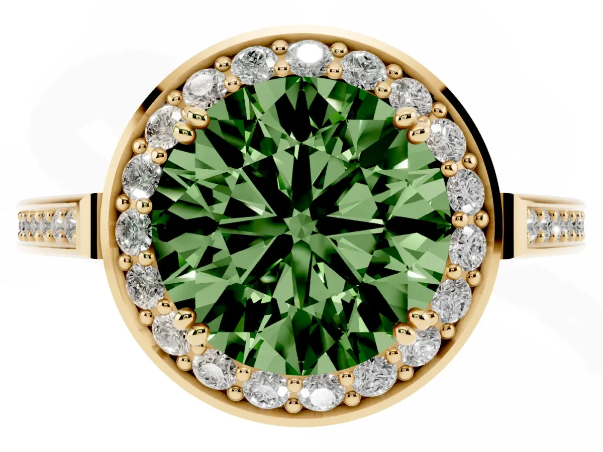 Fancy Green Round Cut Diamond Halo Ring with Split Shank and Four-Prong Setting Yellow gold
