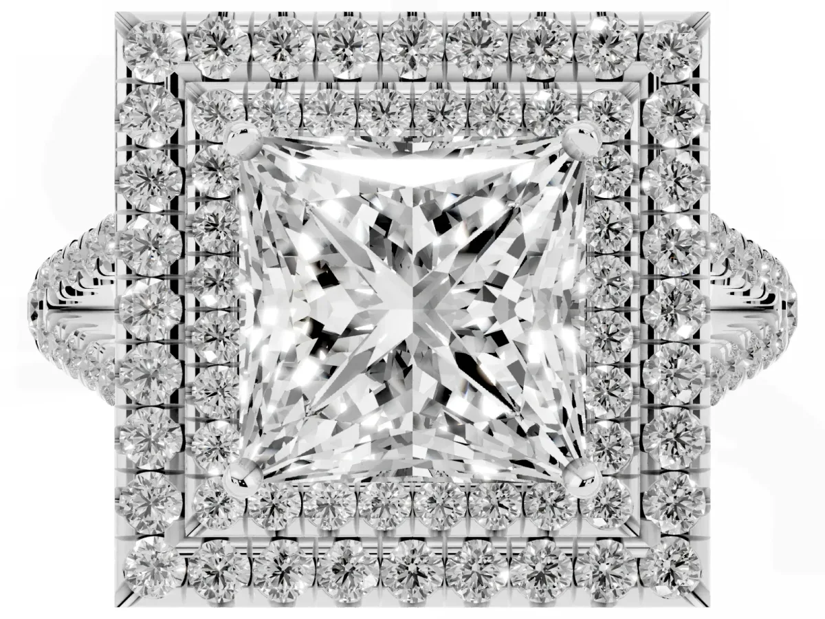 Princess Cut Diamond Double Halo Ring with Pavé Band and Prong Setting Silver