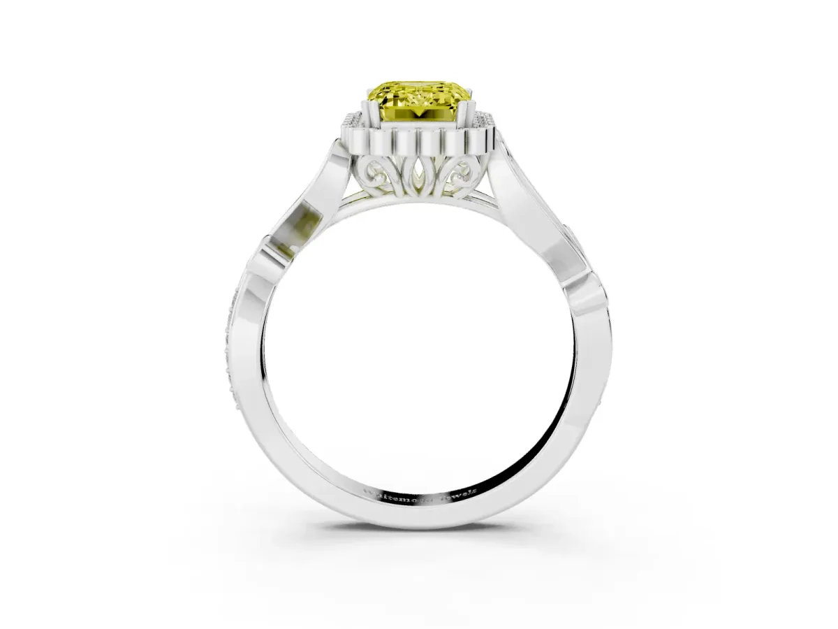 Fancy Yellow Emerald Cut Diamond Halo Ring with Vintage Split Shank and Four-Prong Setting Silver