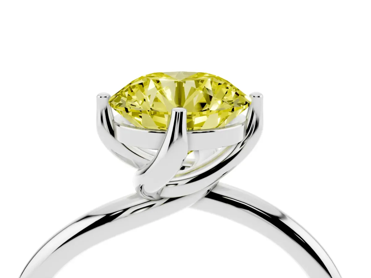 Fancy Yellow Round Cut Diamond Solitaire Engagement Ring with Four-Prong Setting and Classic Band Silver