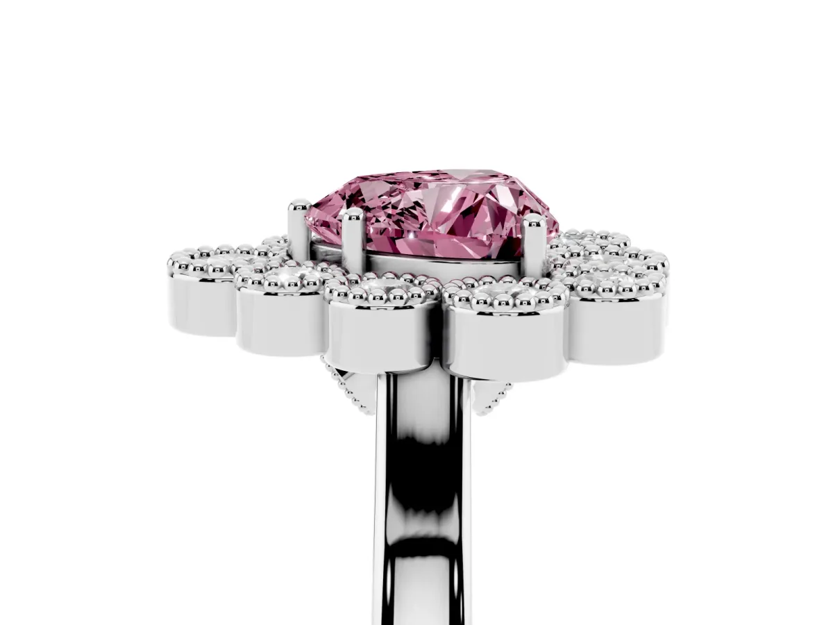 Fancy Pink Heart Cut Halo Diamond Cluster Engagement Ring with Milgrain Bezel Setting and Solitaire Band White gold