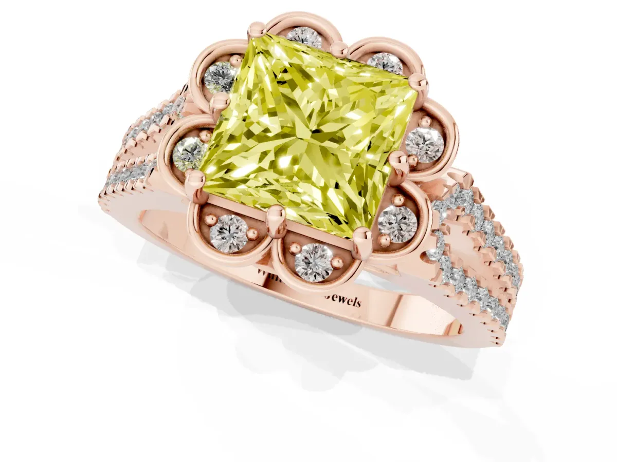 Fancy Yellow Princess Cut Halo Diamond Floral Split Shank Engagement Ring Rose gold