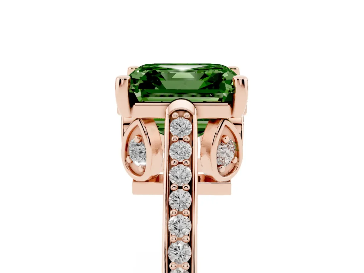 Fancy Green Asscher Cut Cut Cathedral Pave Diamond Engagement Ring with Six-Prong Setting Rose gold