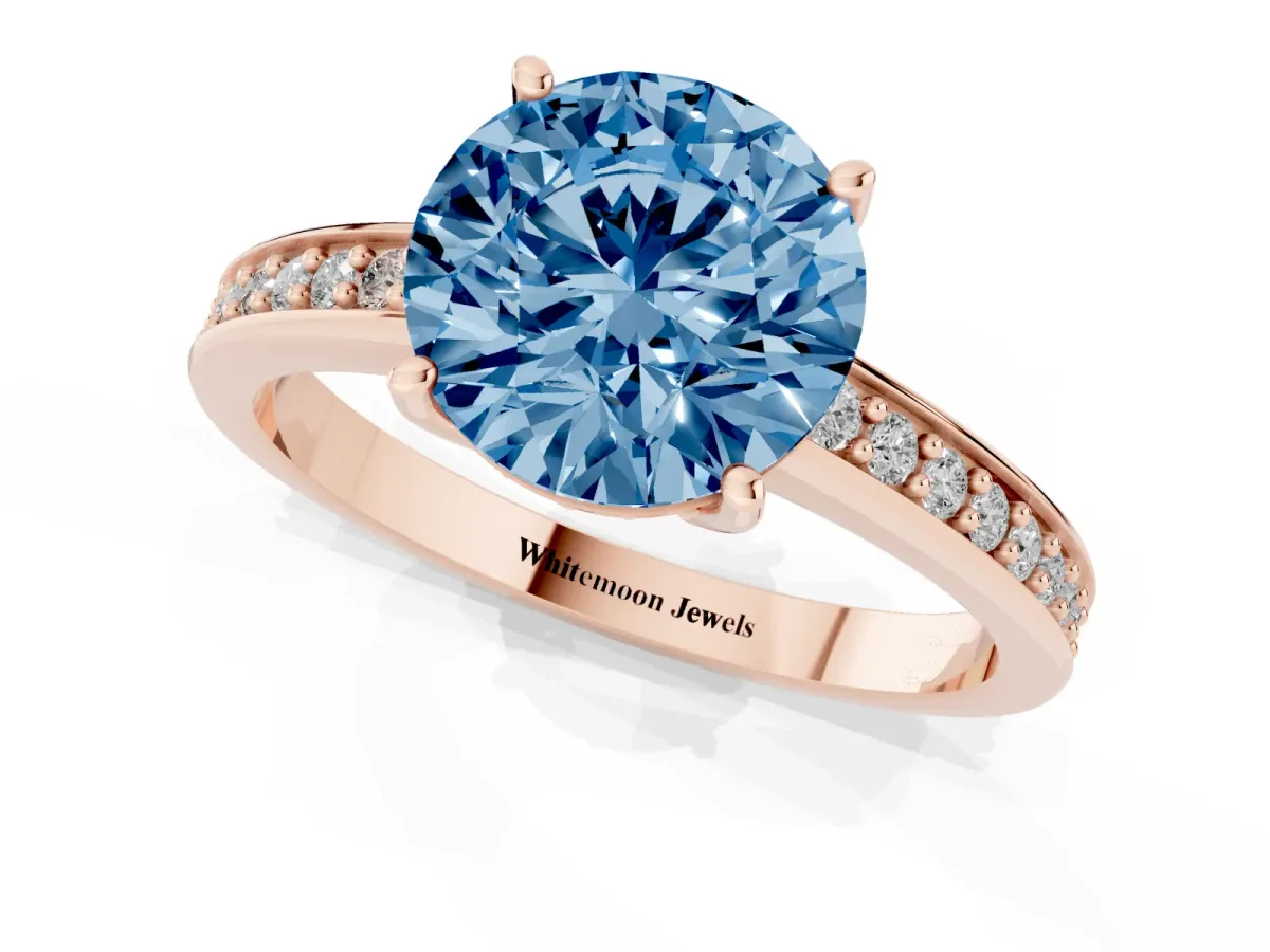 Fancy Blue Round Cut Solitaire Pavé Band Prong Setting Ring Rose gold