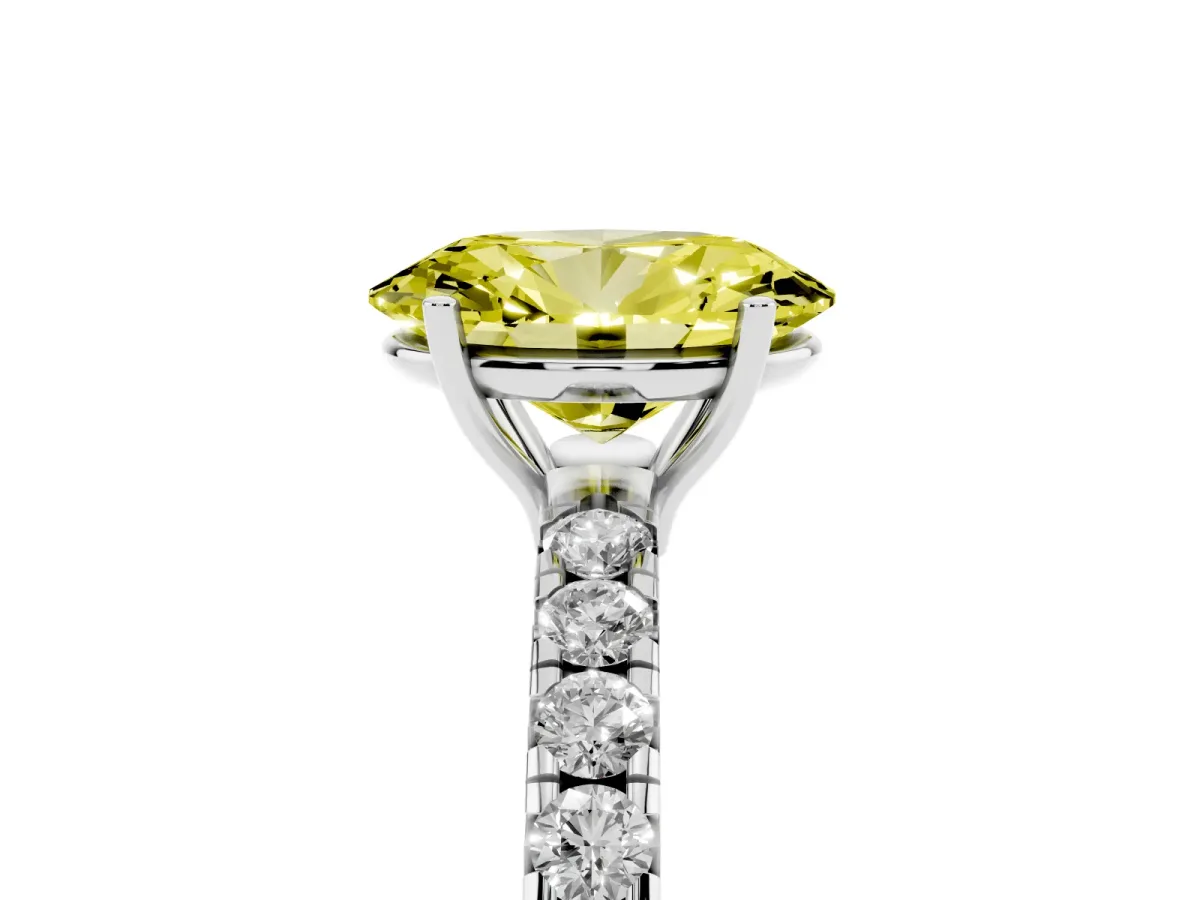 Fancy Yellow Oval Cut Diamond Pavé Solitaire Engagement Ring with Four-Prong Setting Platinum