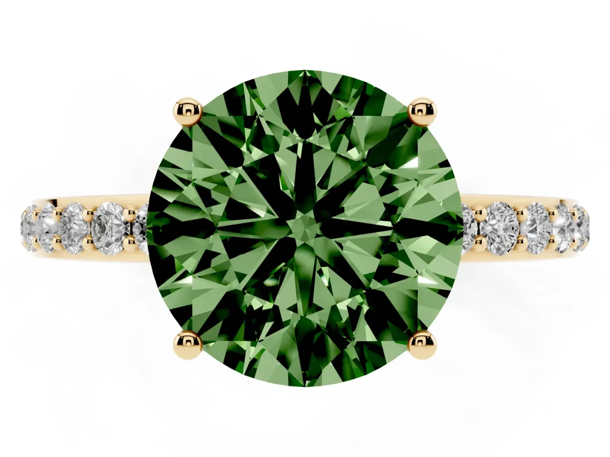 Fancy Green Round Cut Diamond Solitaire Ring with Pavé Band and Hidden Halo Yellow gold