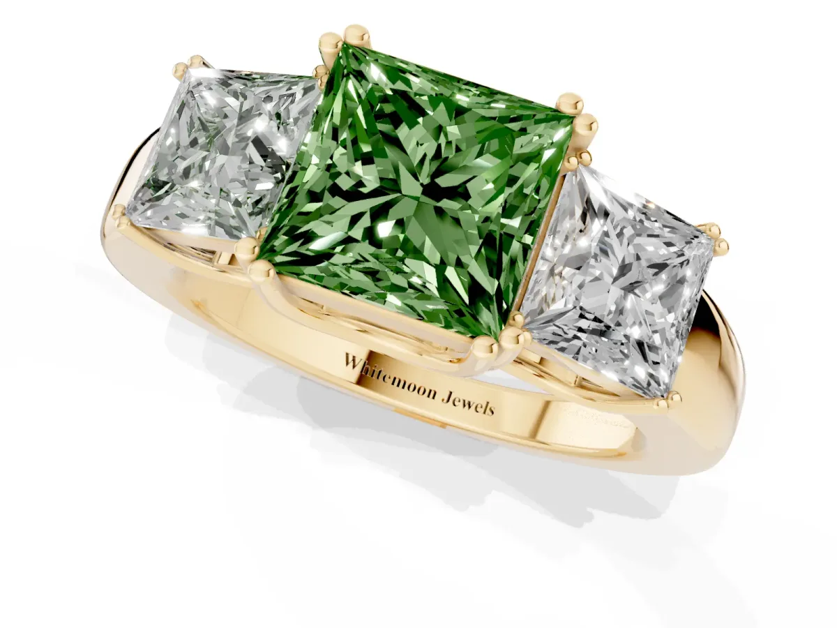 Fancy Green Three-Stone Princess Cut Cut Diamond Ring with Channel Set Band and Four-Prong Setting Yellow gold
