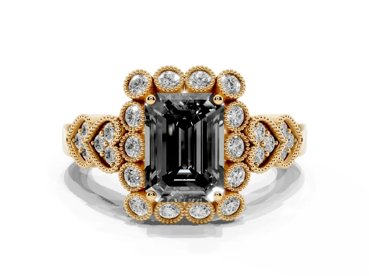 Fancy Black Emerald Cut Brilliant Milgrain Pave Heart Band Solitaire Ring Yellow gold