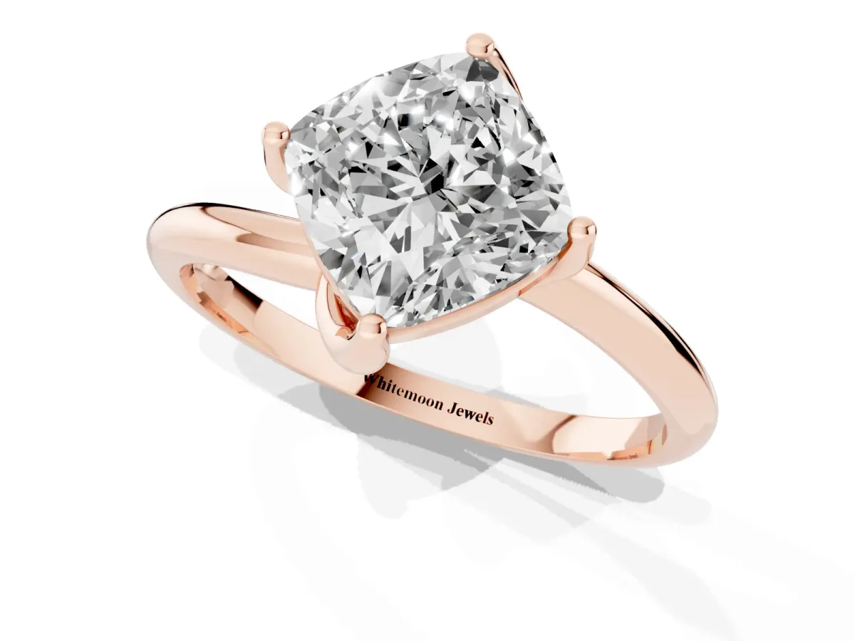 Cushion Cut Diamond Solitaire Engagement Ring with Four-Prong Setting and Classic Band Rose gold