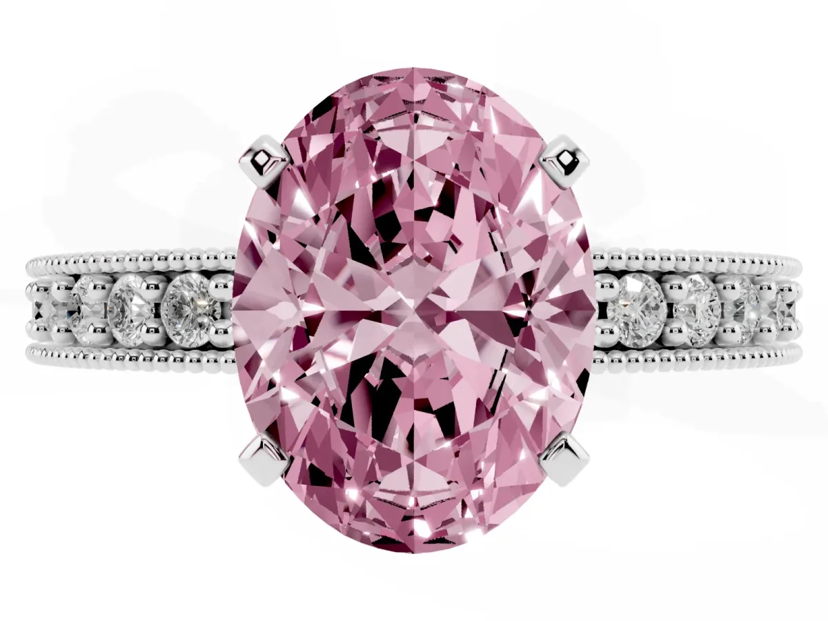 Fancy Pink Oval Cut Diamond Milgrain Pavé Engagement Ring with Four-Prong Setting Silver