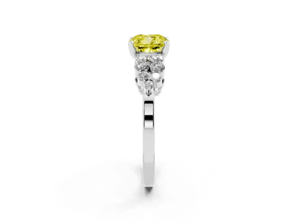 Fancy Yellow Cushion Cut Cluster Diamond Engagement Ring with Pavé Band and Four-Prong Setting Silver