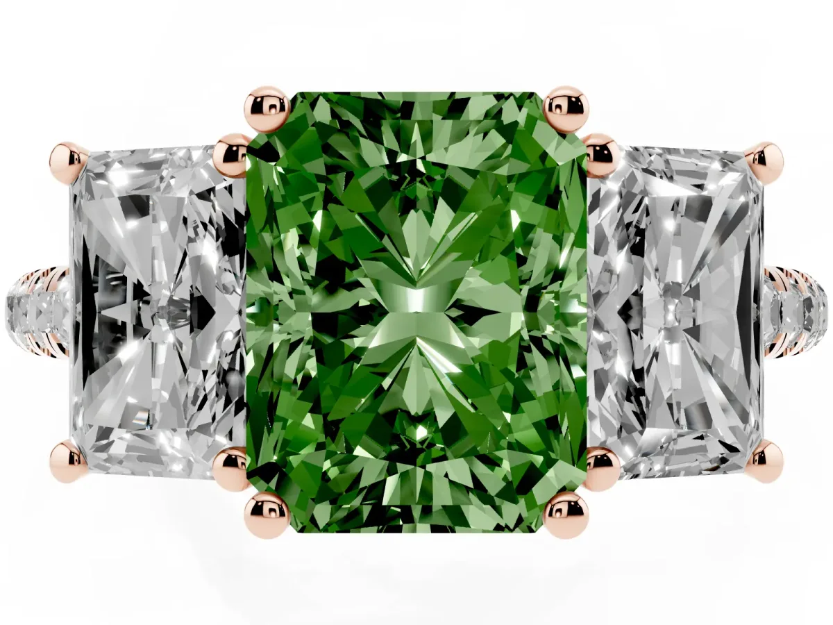 Fancy Green Three-Stone Radiant Cut Diamond Ring with Round Pavé Band and Prong Setting Rose gold