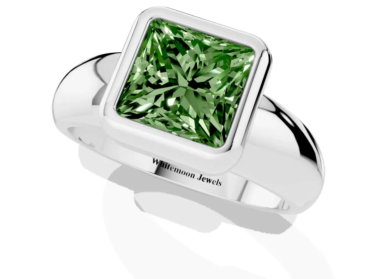 Fancy Green Bezel Set Princess Cut Solitaire Ring with Wide Band Platinum