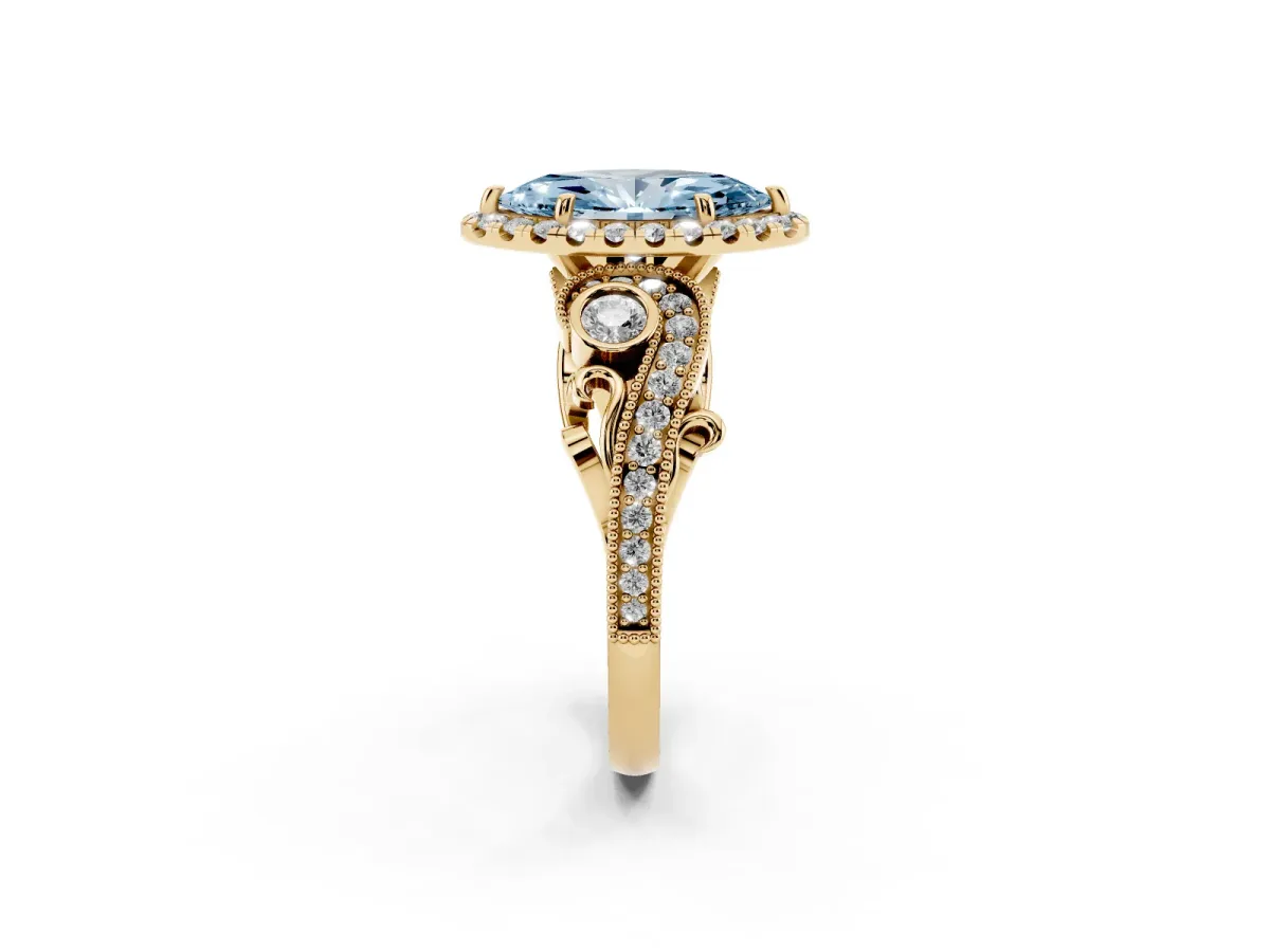 Fancy Blue Marquise Cut Diamond Halo Ring with Milgrain Pavé Band and Four-Prong Setting Yellow gold