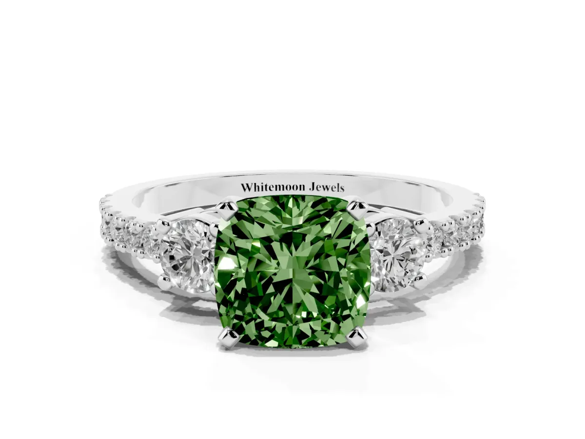 Fancy Green Cushion Cut Three-Stone Diamond Pavé Band with Prong Setting Silver