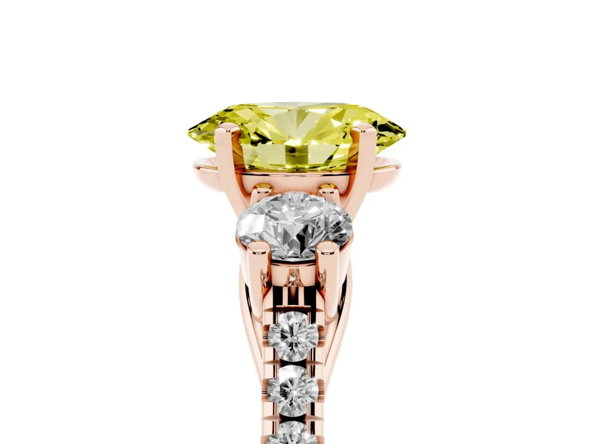 Fancy Yellow Three-Stone Oval Cut Diamond Pavé Band with Four-Prong Setting Rose gold
