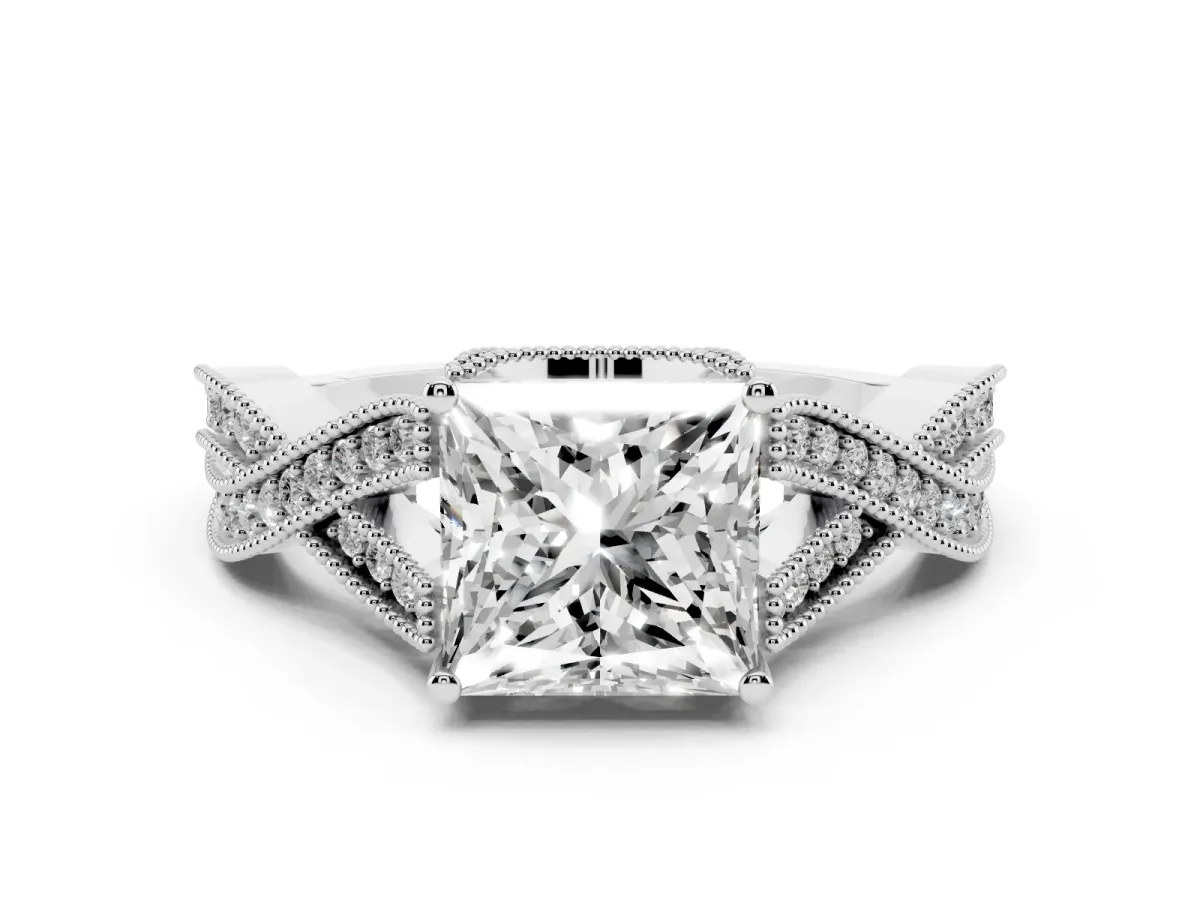 Princess Cut Cut Diamond Twisted Band with Milgrain Pave Setting and Four-Prong Setting Silver