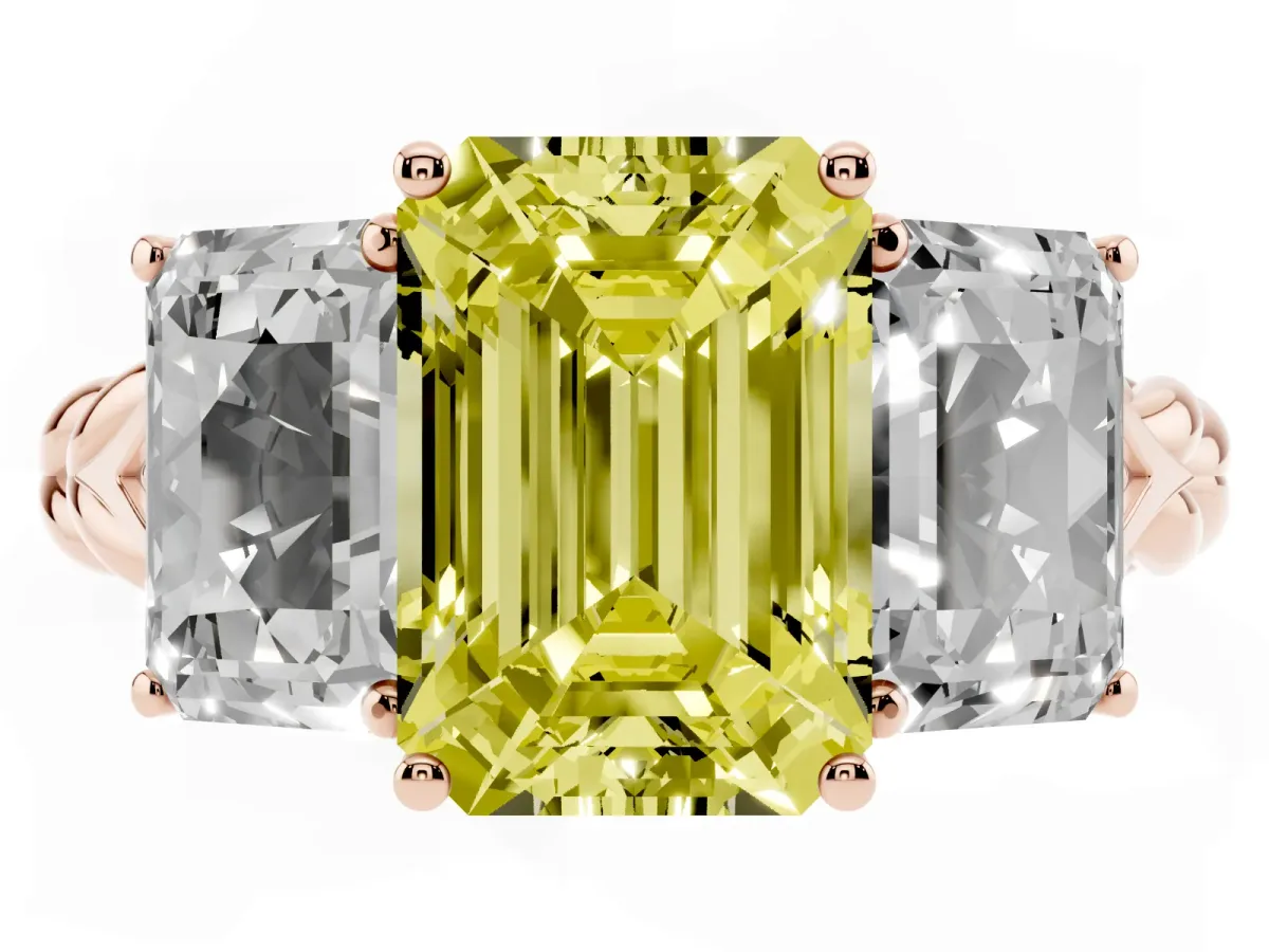 Fancy Yellow Three-Stone Emerald Cut Diamond Braided Band Ring with Four-Prong Setting Rose gold
