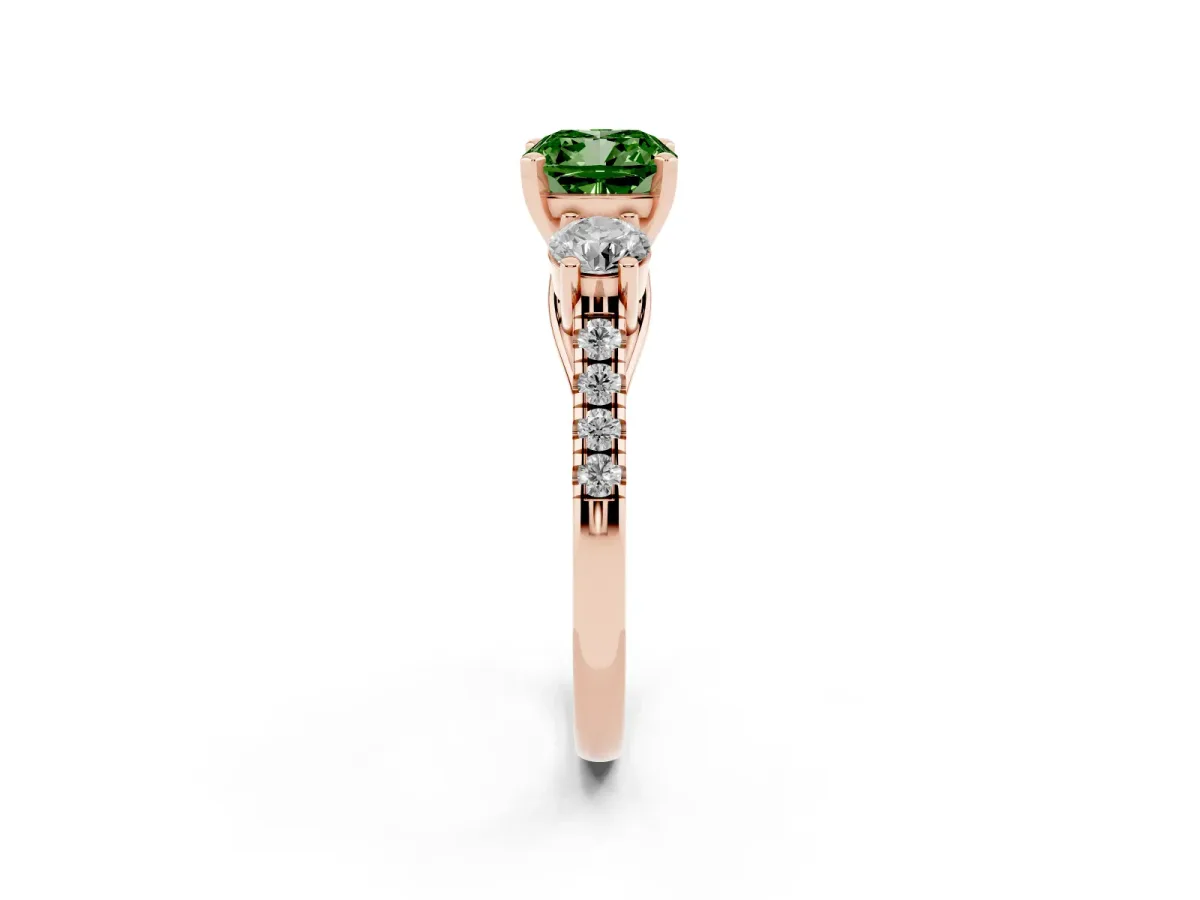 Fancy Green Three-Stone Cushion Cut Diamond Pavé Band with Four-Prong Setting Rose gold