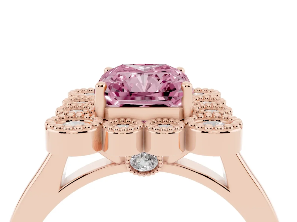 Fancy Pink Radiant Cut Halo Diamond Cluster Engagement Ring with Milgrain Bezel Setting and Solitaire Band Rose gold