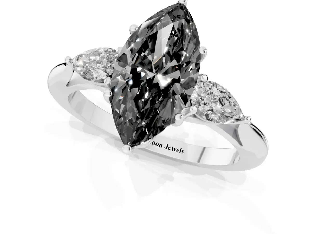 Fancy Black Three-Stone Marquise Cut Brilliant Diamond Solitaire Ring with Tapered Band and Four-Prong Setting Silver