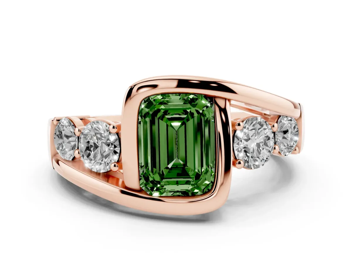Fancy Green Bezel Set Emerald Cut Diamond Bypass Ring with Round Accents Rose gold
