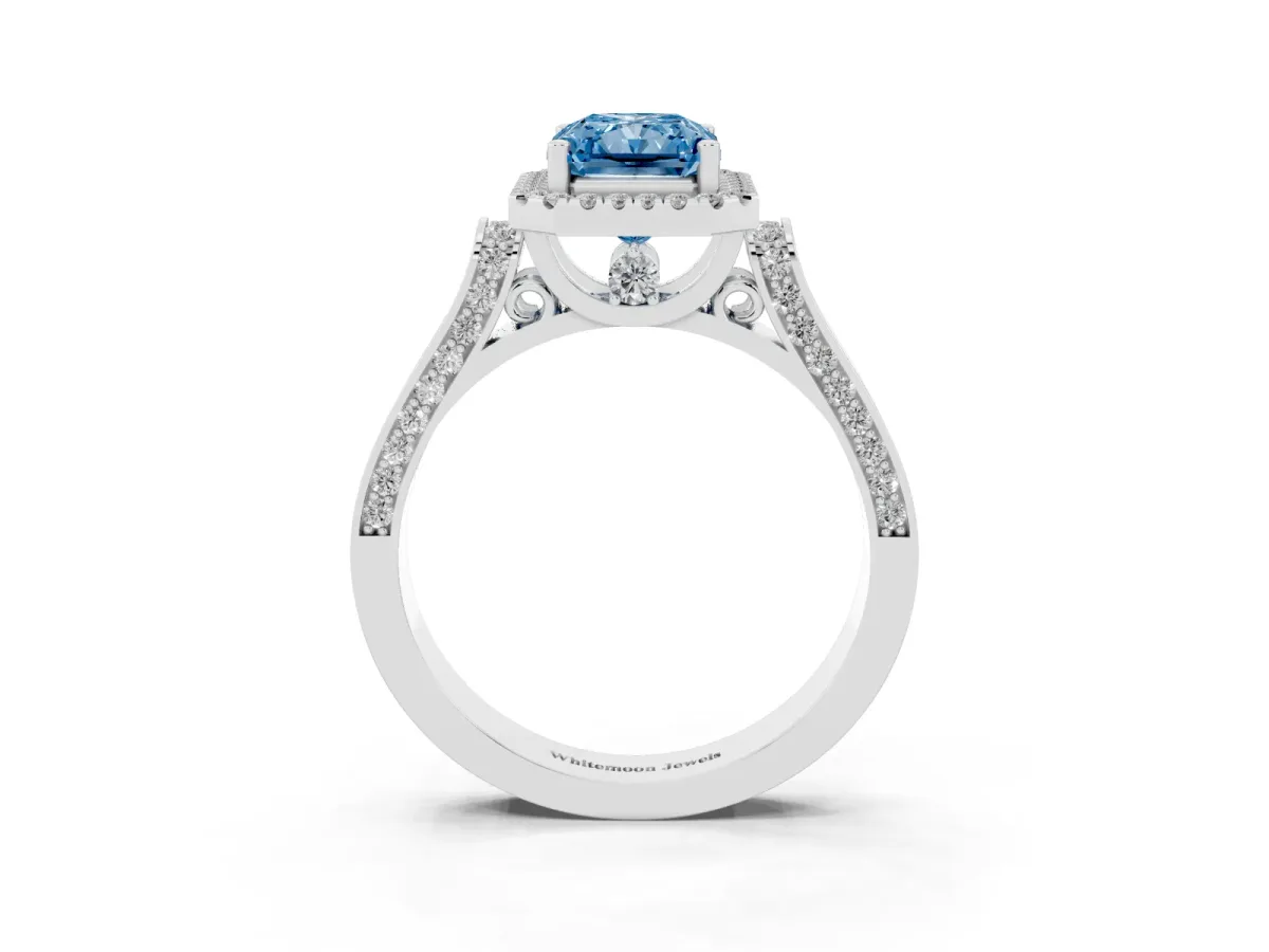 Fancy Blue Radiant Cut Halo Round Diamond Twist Band with Four-Prong Setting White gold